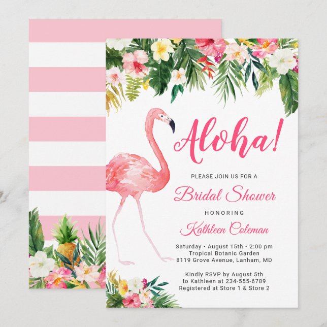 Invitación Aloha Luau Bridal Shower Tropical Floral Flamingo (Anverso / Reverso)