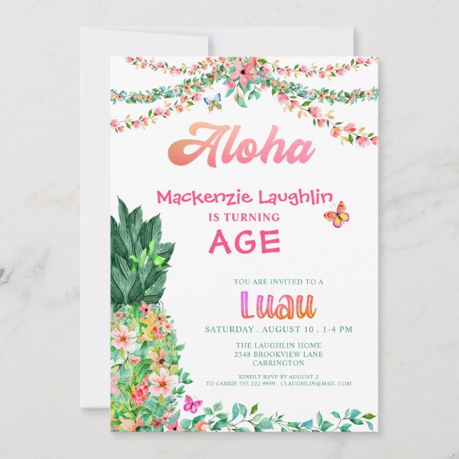 Invitación ALOHA Luau Cualquier cumpleaños Piña Floral Tropic (Anverso)