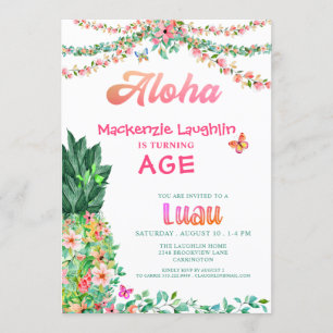Invitación ALOHA Luau Cualquier cumpleaños Piña Floral Tropic