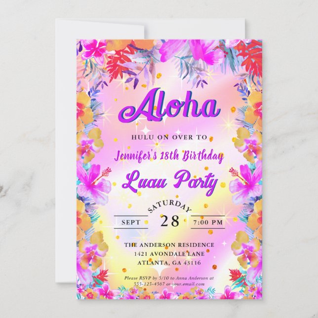 Invitación Aloha Luau, floral tropical, cumpleaños (Anverso)