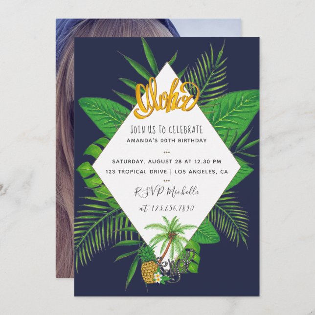 Invitación Aloha Luau, partido de cumpleaños de Hawaii, agreg (Anverso / Reverso)