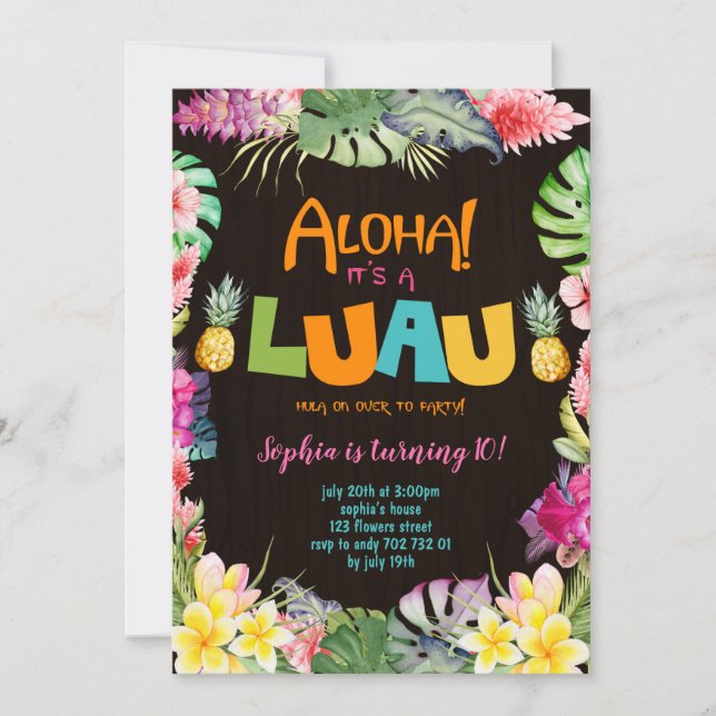 Invitación Aloha Luau Rústico Chica Tropical Cumpleaños (Anverso)