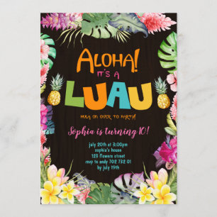 Invitación Aloha Luau Rústico Chica Tropical Cumpleaños