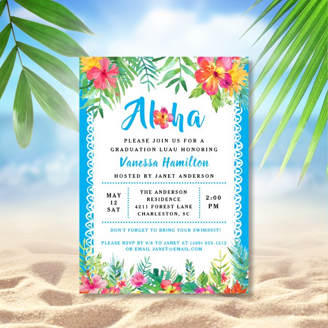 Invitación Aloha Luau Tropical Graduation Blue Invitation (Subido por el creador)