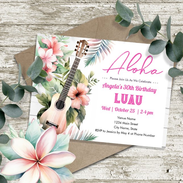 Invitación Aloha Luau ukulele Cumpleaños de adultos (Subido por el creador)