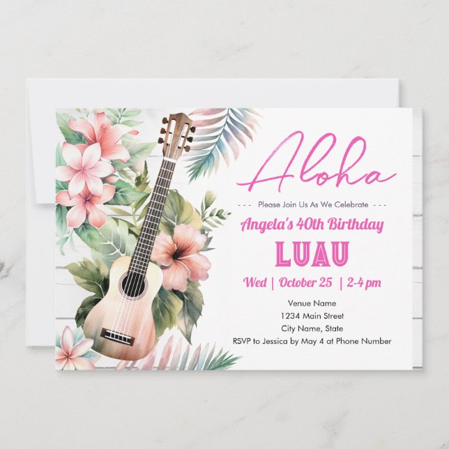 Invitación Aloha Luau ukulele Cumpleaños de adultos (Anverso)