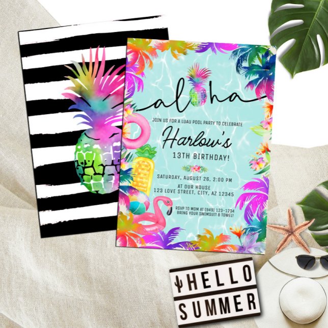 Invitación Aloha Neon Tropical Luau Pool Fiesta Cumpleaños (Subido por el creador)