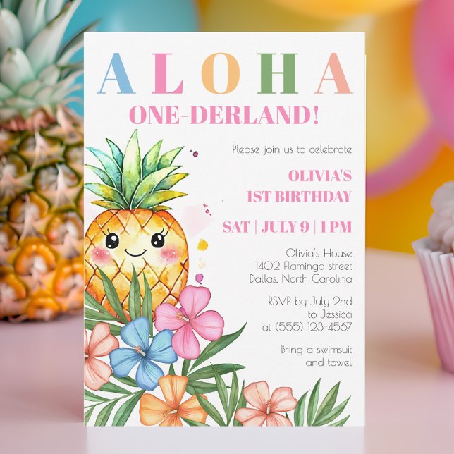 Invitación Aloha Onederland Summer Pineapple 1er cumpleaños (Aloha Onederland Summer Pineapple 1st Birthday Invitation)