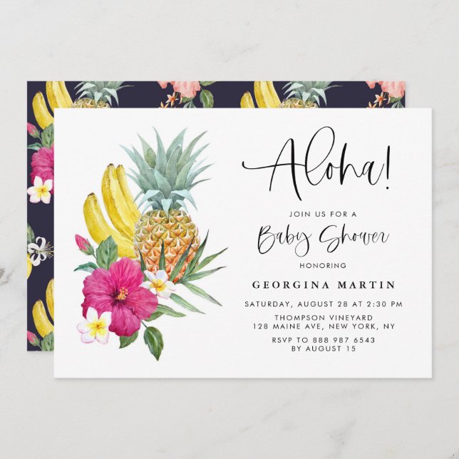 Invitación Aloha Piña e Hibiscus Tropical Baby Shower (Anverso / Reverso)