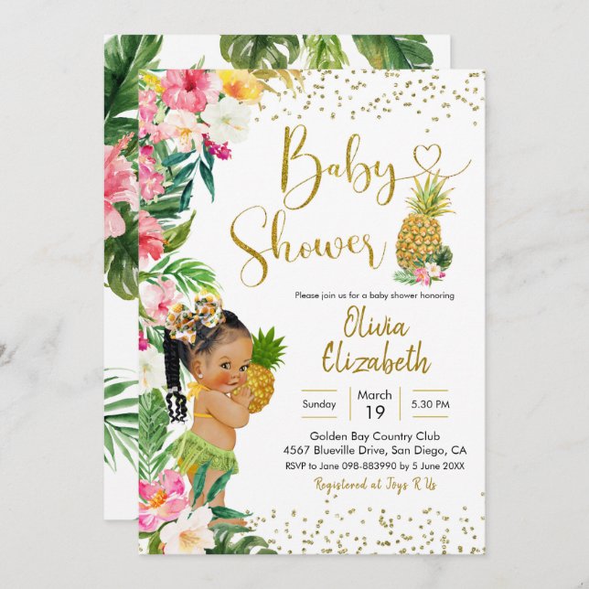 Invitación Aloha Pineapple African Chica Baby Shower (Anverso / Reverso)