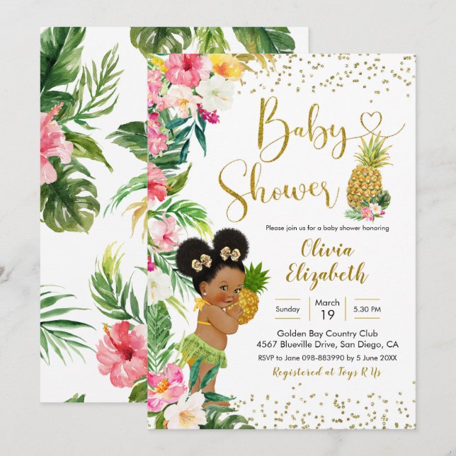 Invitación Aloha Pineapple Afro Chica Baby Shower (Anverso / Reverso)