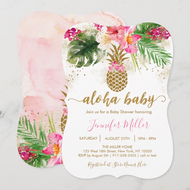 Invitación Aloha Pineapple Tropical Floral Baby Shower (Anverso / Reverso)