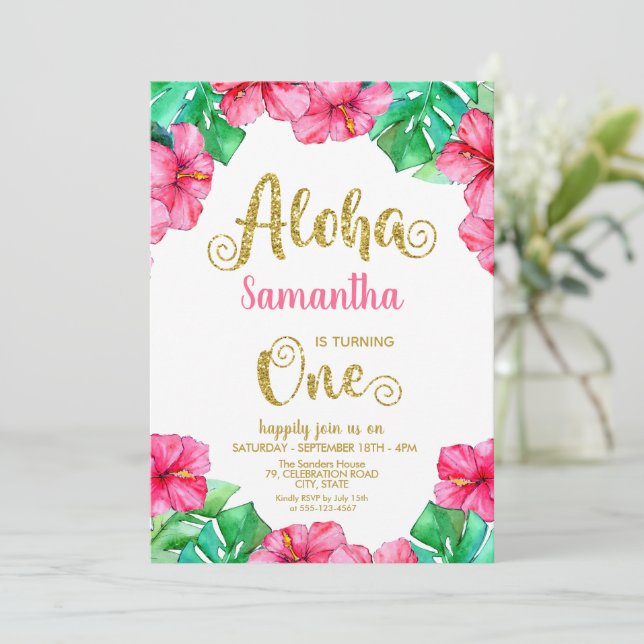 Invitación Aloha Pink Hibiscus Tropical Primer cumpleaños (Anverso de pie)