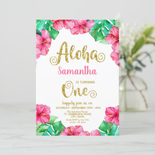 Invitación Aloha Pink Hibiscus Tropical Primer cumpleaños