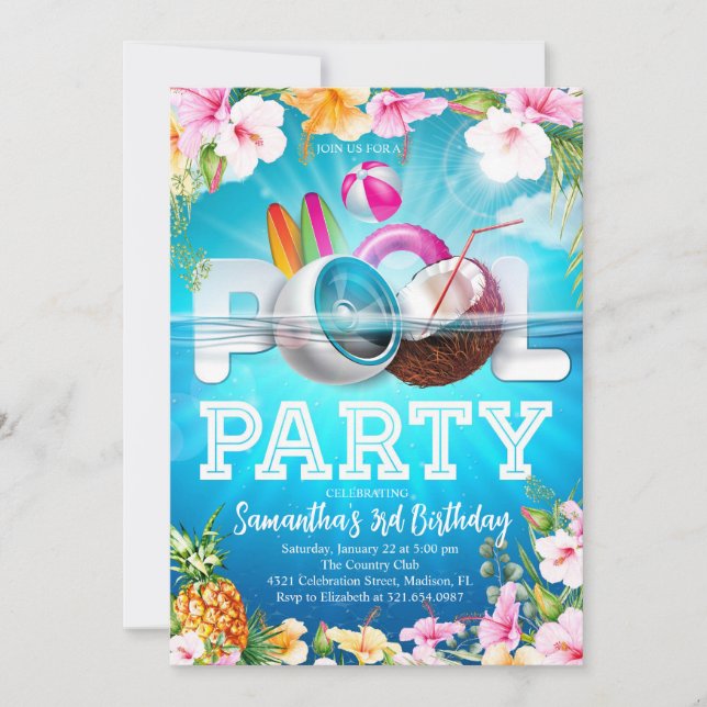 Invitación Aloha Pool Fiesta Cumpleaños (Anverso)