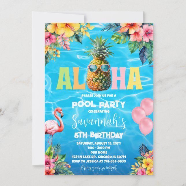 Invitación Aloha Pool Fiesta Cumpleaños (Anverso)