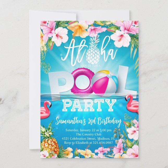 Invitación Aloha Pool Fiesta Cumpleaños (Anverso)