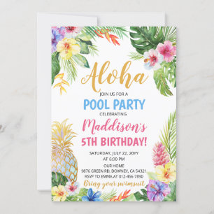 Invitación Aloha Pool Fiesta Tropical Pineapple Cumpleaños