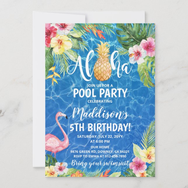 Invitación Aloha Pool Fiesta Tropical Pineapple Cumpleaños (Anverso)
