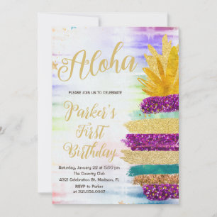 Invitación Aloha Purple Gold Rainbow Pineapple Cumpleaños
