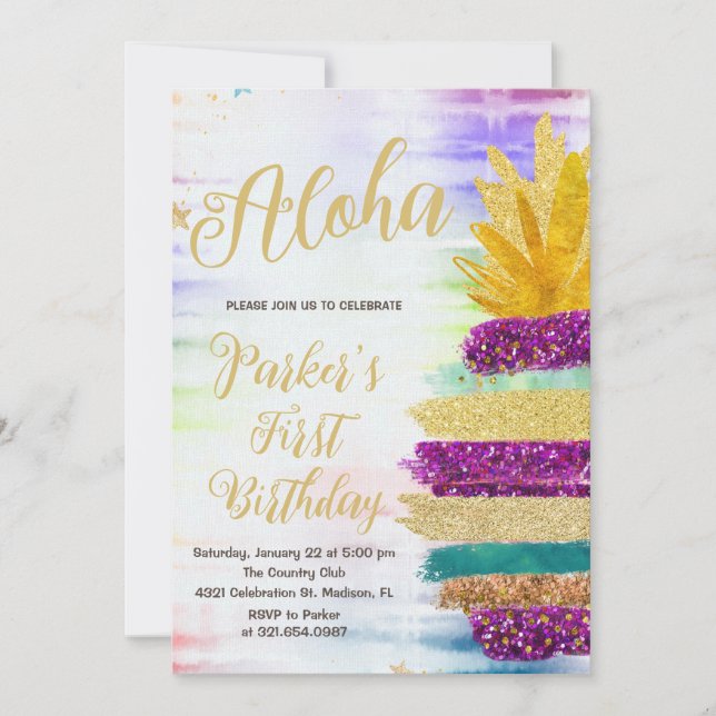 Invitación Aloha Purple Gold Rainbow Pineapple Cumpleaños (Anverso)