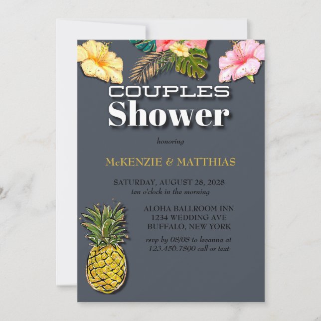 Invitación Aloha Purpurina Couples Shower (Anverso)