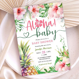 Invitación ¡Aloha! Rosa Chica de Baby Shower Luau tropical