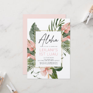 Invitación Aloha Rosa Floral Tropical Niña 1er Cumpleaños