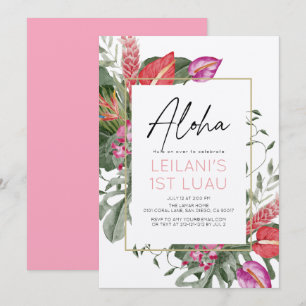 Invitación Aloha Rosa y Rojo Floral Tropical Niña 1er Cumplea
