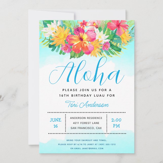 Invitación Aloha Script Tropical Cumpleaños Luau Azul (Anverso)