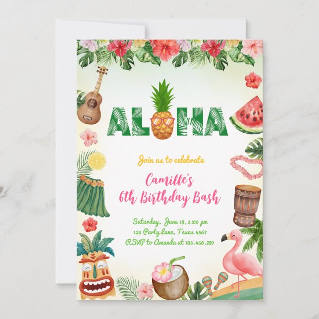 Invitación Aloha Summer Chica Cumpleaños (Anverso)