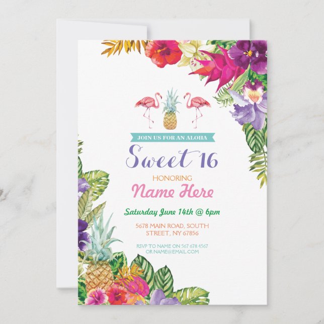 Invitación Aloha Sweet 16 Birthday Party Flamingo Invite (Anverso)