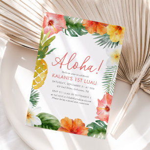 Invitación Aloha Tropical 1er cumpleaños floral de Luau