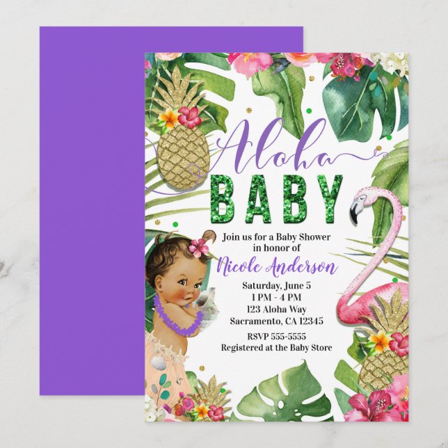 Invitación Aloha Tropical Baby Vintage Purple Hawaiano (Anverso / Reverso)