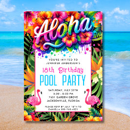 Invitación Aloha Tropical Flamingo Birthday Pool Party