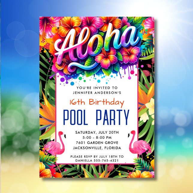 Invitación Aloha Tropical Flamingo Birthday Pool Party  (Subido por el creador)