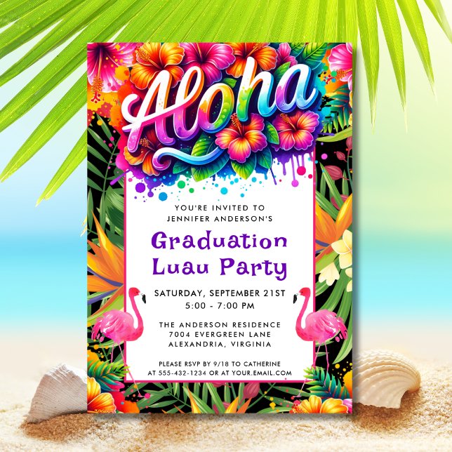 Invitación Aloha Tropical Flamingo Graduation Luau Party (Subido por el creador)