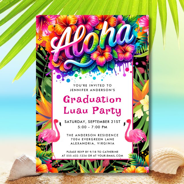 Invitación Aloha Tropical Flamingo Graduation Luau Party (Subido por el creador)