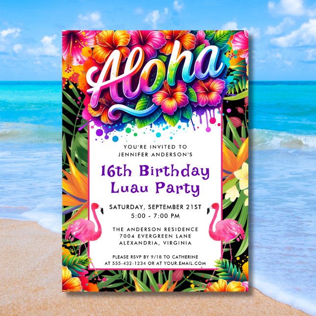 Invitación Aloha Tropical Flamingo Luau Birthday Party (Subido por el creador)