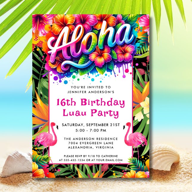 Invitación Aloha Tropical Flamingo Luau Birthday Party (Subido por el creador)