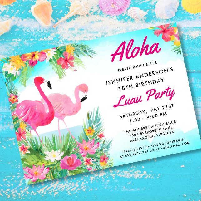 Invitación Aloha Tropical Flamingo Luau Birthday Party (Subido por el creador)