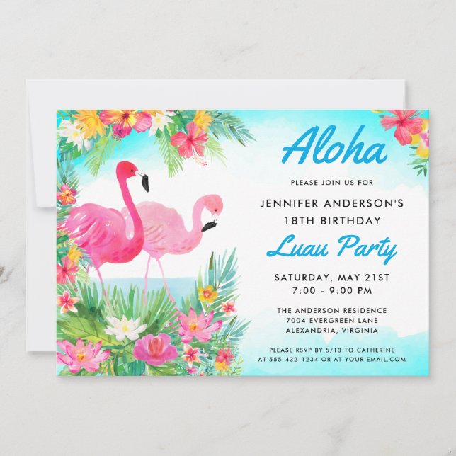 Invitación Aloha Tropical Flamingo Luau Birthday Party (Anverso)