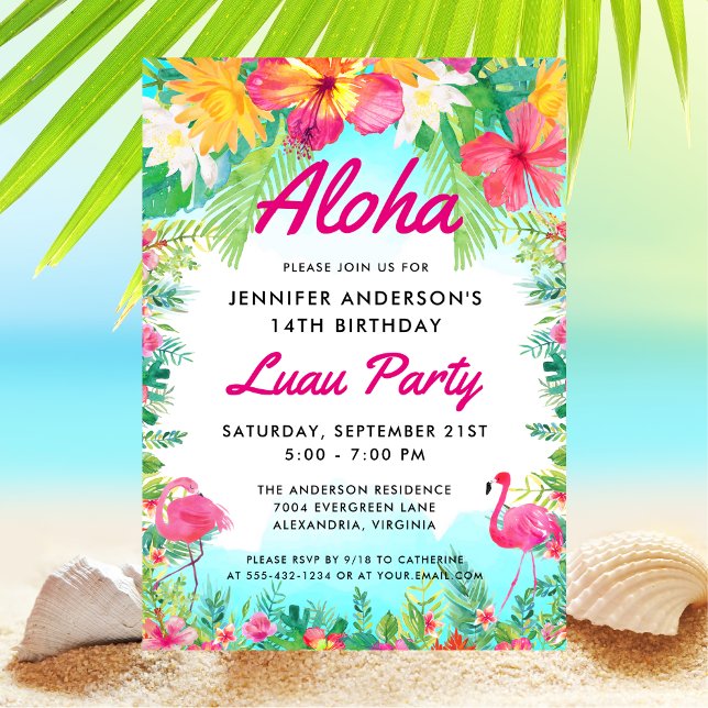 Invitación Aloha Tropical Flamingo Luau Fiesta Cumpleaños (Subido por el creador)