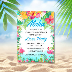 Invitación Aloha Tropical Flamingo Luau Fiesta Graduación Azu