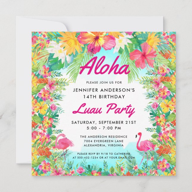 Invitación Aloha Tropical Flamingo Luau Fiesta Square Cumplea (Anverso)