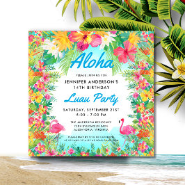 Invitación Aloha Tropical Flamingo Luau Fiesta Square Cumplea