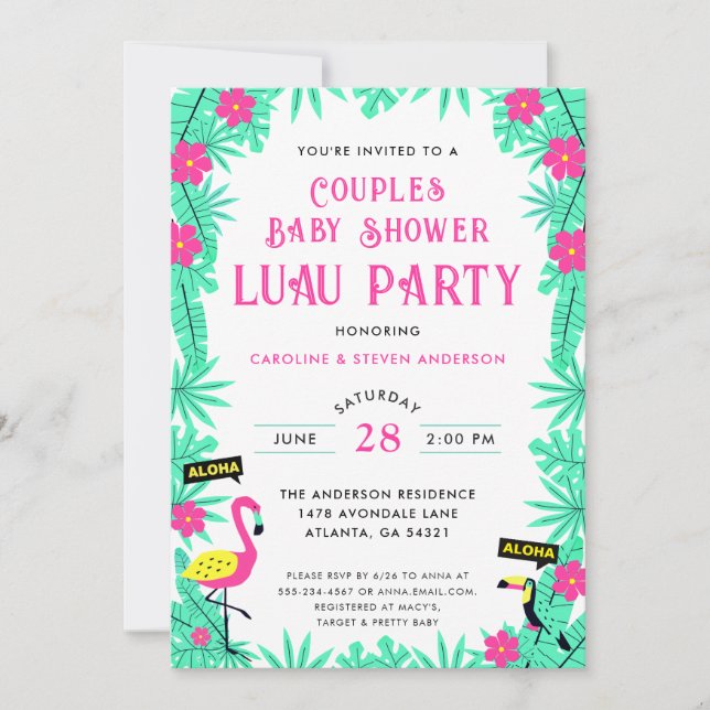 Invitación Aloha Tropical Flamingo Parejas Baby Shower Luau (Anverso)