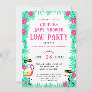 Invitación Aloha Tropical Flamingo Parejas Baby Shower Luau