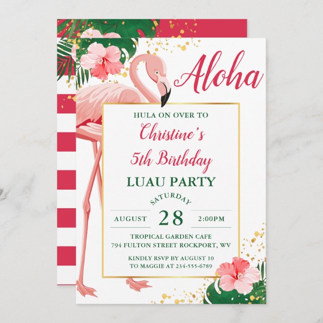 Invitación Aloha Tropical Flamingo Pink Floral Luau Cumpleaño (Anverso / Reverso)