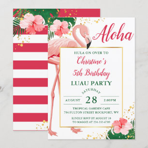 Invitación Aloha Tropical Flamingo Pink Floral Luau Cumpleaño